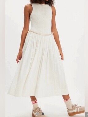 Free People Nightingale Seersucker Midi Skirt in Ivory